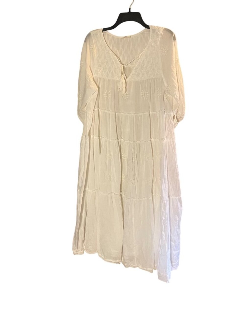 Talisman Boho Tiered White Embroidered Midi Dress M/L Cotton 3/4 Sleeve raw hem